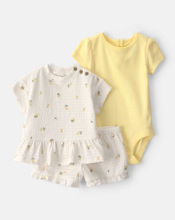 Baby Girl 3-Piece Lemon Short-Sleeve Top, Bodysuit & Short Set - Yellow/Ivory, 
