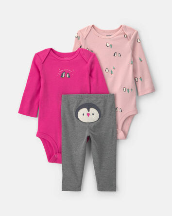 Baby Girl 3-Piece Penguin Long-Sleeve Bodysuit & Pant Set - Pink, 