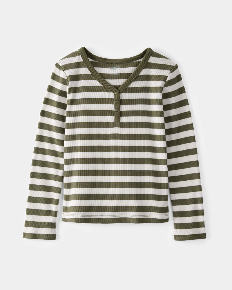 Kid Ribbed Henley Striped Long-Sleeve Shirt - Olive, image 1 of 3 slides