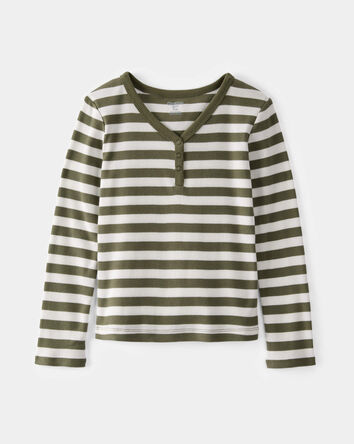 Kid Ribbed Henley Striped Long-Sleeve Shirt - Olive, 