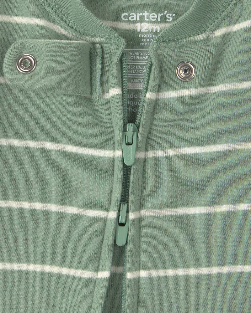 B&eacute;b&eacute; gar&ccedil;on - Pyjama ajust&eacute; 1 pi&egrave;ce en 100&nbsp;% coton &agrave; fermeture &agrave; glissi&egrave;re double sens et pieds &agrave; motif rayures et dinosaure &ndash; Vert, image 3 sur 5 diapositives
