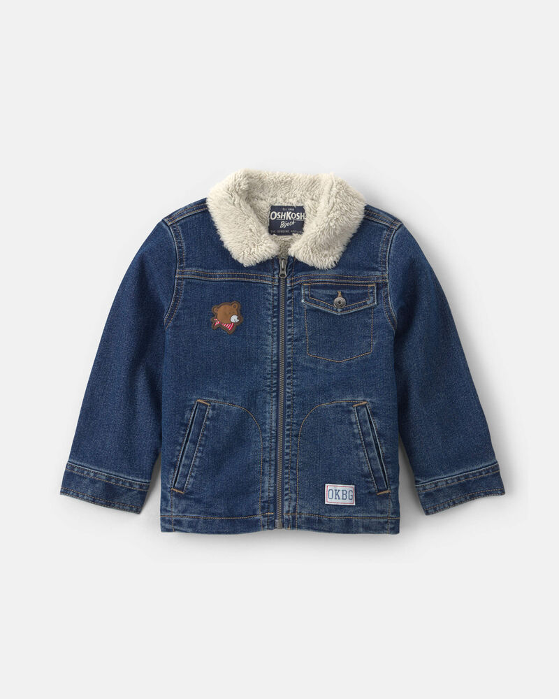 Blouson &agrave; manches longues en denim et molleton teddy &agrave; imprim&eacute; d&rsquo;ourson &ndash; D&eacute;lav&eacute; fonc&eacute;, image 1 sur 3 diapositives