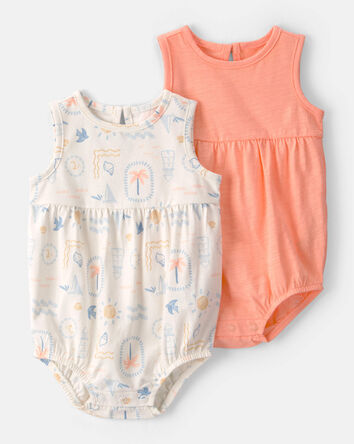 Baby Girl 2-Pack Beach Print Cotton Bubble Rompers - Orange/Ivory, 