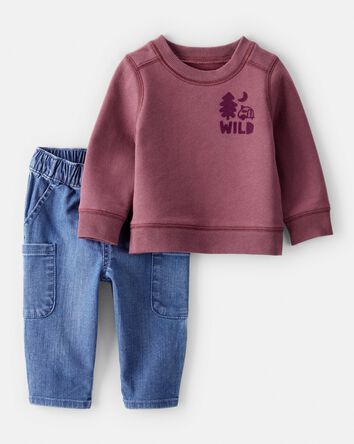 Baby Boy 2-Piece Camping Fleece Sweatshirt & Pant Set - Maroon/Blue, 