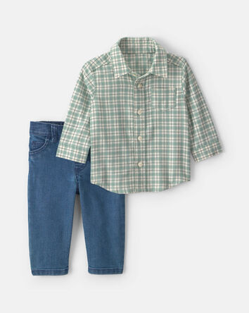 Baby Boy 2-Piece Plaid Flannel Long-Sleeve Top & Pant Set - Green/Indigo, 