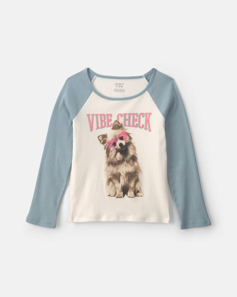 Girls 'Vibe Check' Dog Graphic Tee - Cream/Blue, image 1 of 4 slides