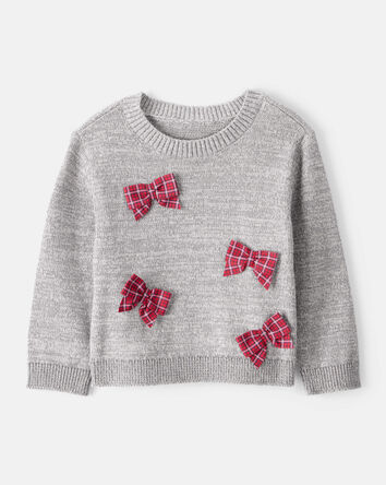 Baby Girl Bow Cotton Long-Sleeve Sweater - Grey, 