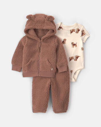 B&eacute;b&eacute; gar&ccedil;on - Ensemble 3 pi&egrave;ces &agrave; superposer en molleton teddy &agrave; motif chien &ndash; Brun, 