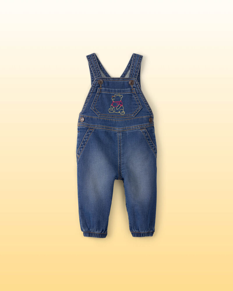 Baby Disney&copy; Winnie the Pooh Embroidered Knit-Like Denim Overalls - Dark Wash, image 1 of 5 slides