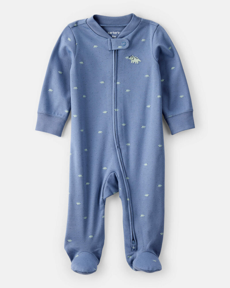 Baby Boy Rhino Print 100% Cotton Long-Sleeve Sleeper - Blue, image 1 of 5 slides