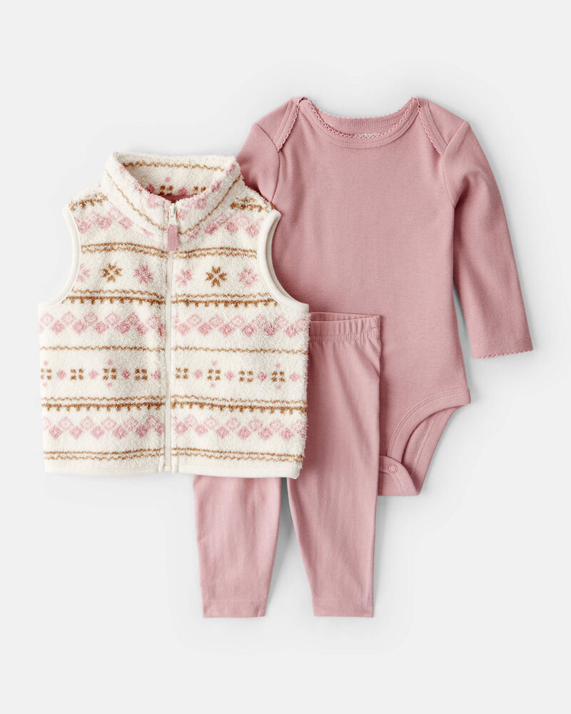 Baby Girl 3-Piece Fair Isle Sherpa Vest Outfit Set - Pink, image 1 of 4 slides