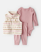 Baby Girl 3-Piece Fair Isle Sherpa Vest Outfit Set - Pink, image 1 of 4 slides