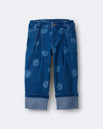 Tout-petit fille - Pantalon &agrave; plis et revers en denim, imprim&eacute; personnages - Bleu, 