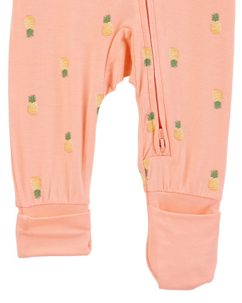 Baby Girl Pineapple Print 2-Way Zip PurelySoft Convertible Foot Sleeper Pyjamas - Coral, image 2 of 7 slides
