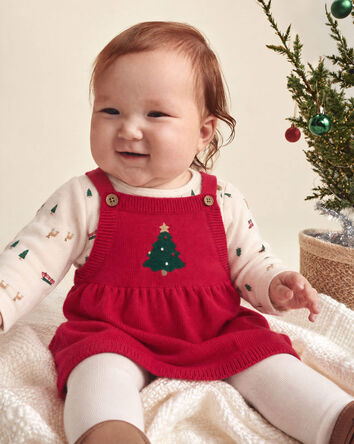 B&eacute;b&eacute; fille - Ensemble 3 pi&egrave;ces robe et chandail manches longues &agrave; motif d&rsquo;arbres de No&euml;l &ndash; Rouge/Cr&egrave;me, 