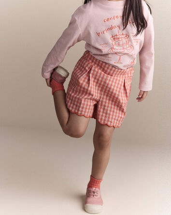 Toddler Girl Gingham Scalloped Short - Orange, 