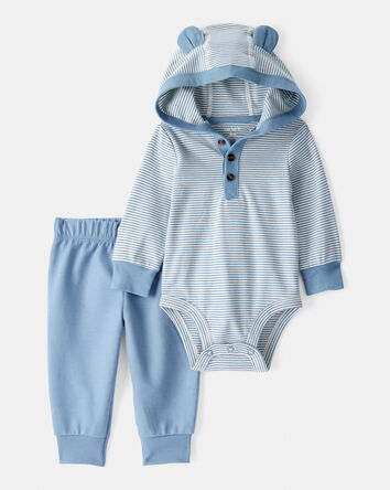 Bébé garçon - Ensemble 2 pièces cache-couche à manches longues et pantalon en coton à imprimé d’ourson - Bleu , 