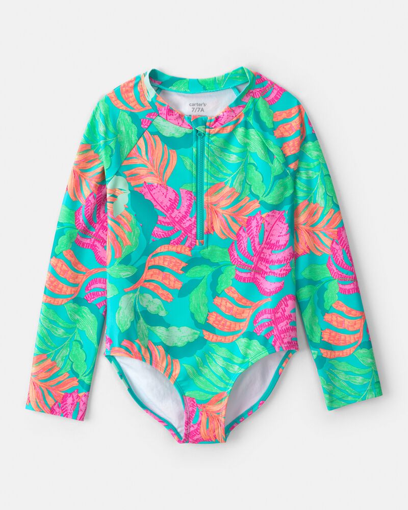 Girls Tropical Long-Sleeve 1-Piece Rashguard Swimsuit - Teal, image 1 of 4 slides