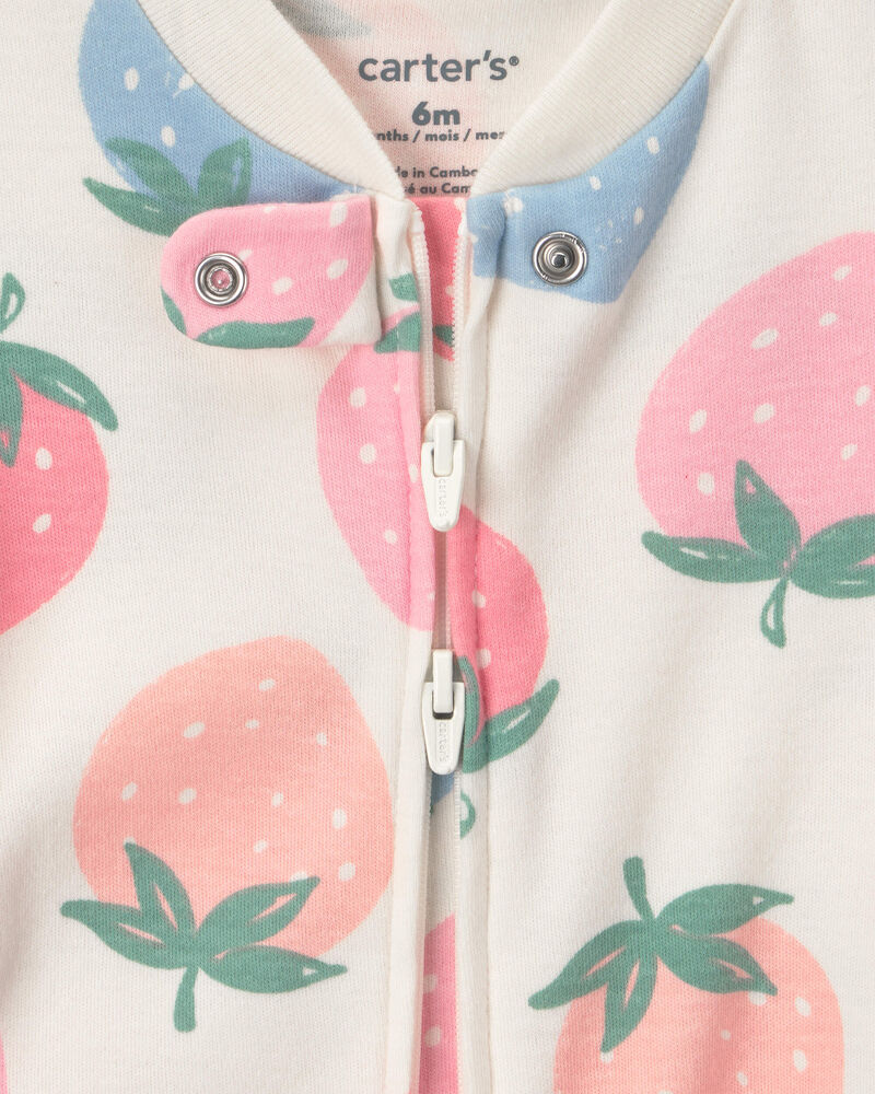 Baby Girl 2-Way Zip Strawberry Cotton Sleepers - Cream/Blue/Coral, image 3 of 5 slides