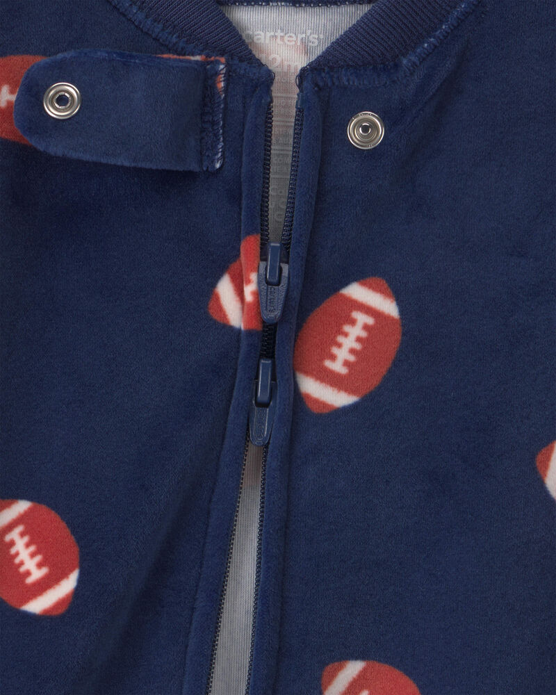 Baby Boy 1-Piece Football 2-Way Zip DreamPlush Snug Fit Footed Pyjama - Navy Blue, image 3 of 6 slides