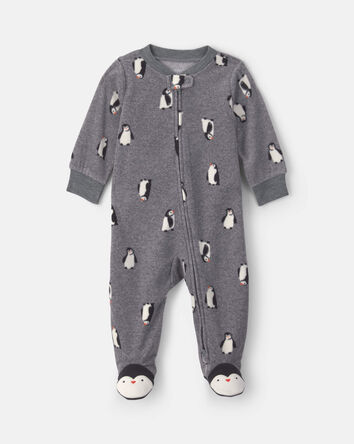 Baby Boy Penguin Fleece 2-Way Zip Sleeper - Grey, 