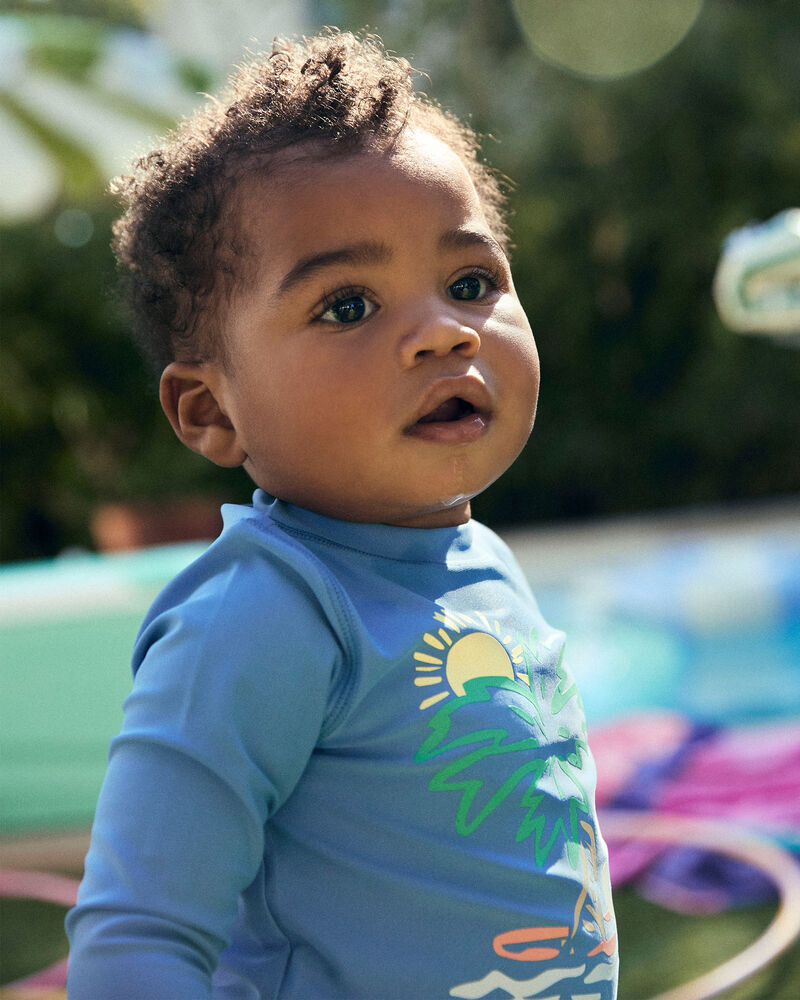 Toddler Boy Palm Tree Solid Short-Sleeve Rashguard - Blue, image 2 of 5 slides