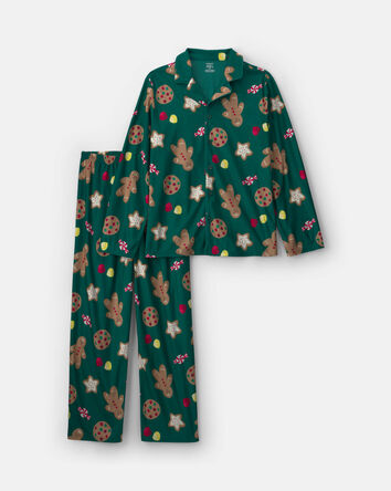 Adult 2-Piece Christmas Gingerbread Fleece Loose Fit Pyjama Set - Green, 