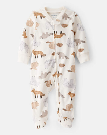 Baby Boy Fox Print 100% Cotton Long-Sleeve Sleeper - White, 