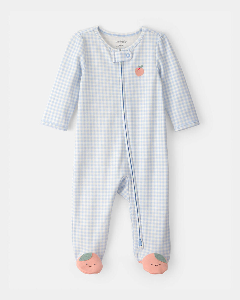 Baby Girl Peach Gingham 2-Way Zip 100% Cotton Sleeper - Blue, image 1 of 6 slides