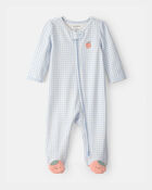 Baby Girl Peach Gingham 2-Way Zip 100% Cotton Sleeper - Blue, image 1 of 6 slides