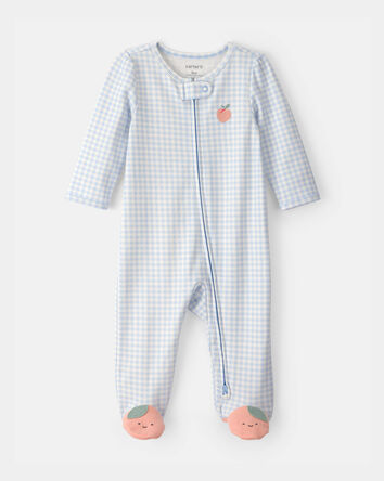Baby Girl Peach Gingham 2-Way Zip 100% Cotton Sleeper - Blue, 