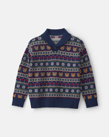 Boys Bear Fair Isle Sweater - Navy Blue, 