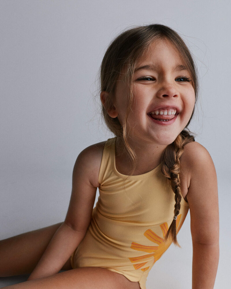 Toddler Girl Scalloped One-Piece Swimsuit in Sun Print - Yellow, image 3 of 6 slides