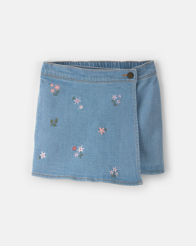 Girls Floral Embroidered Denim Wrap Skort - Medium Wash, image 1 of 9 slides
