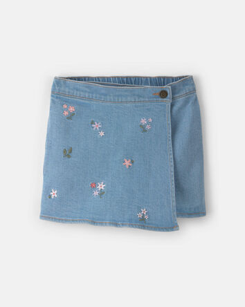 Filles - Jupe-short portefeuille &agrave; broderie florale - D&eacute;lav&eacute; moyen, 