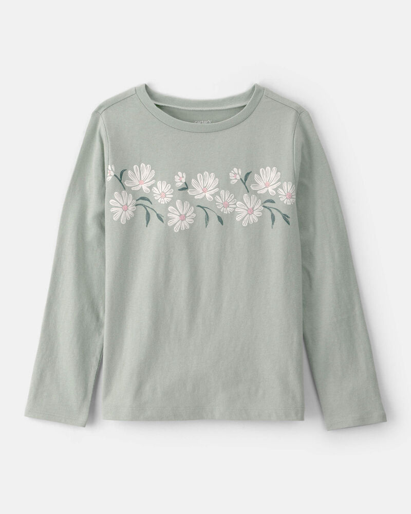 Girls Daisy Floral Long-Sleeve Graphic Tee - Green, image 1 of 3 slides