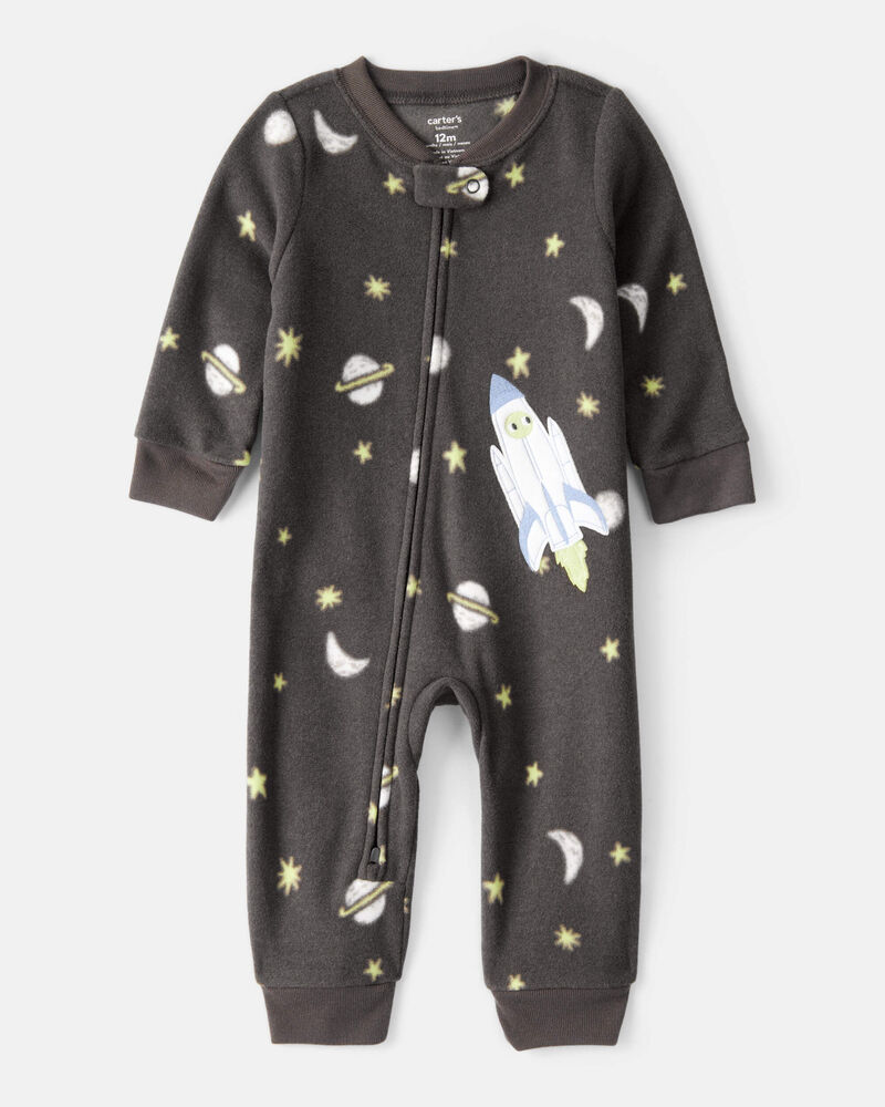Toddler Boy Spaceship Star Fleece Long-Sleeve Loose Fit 1-Piece Pyjamas - Grey, image 1 of 4 slides