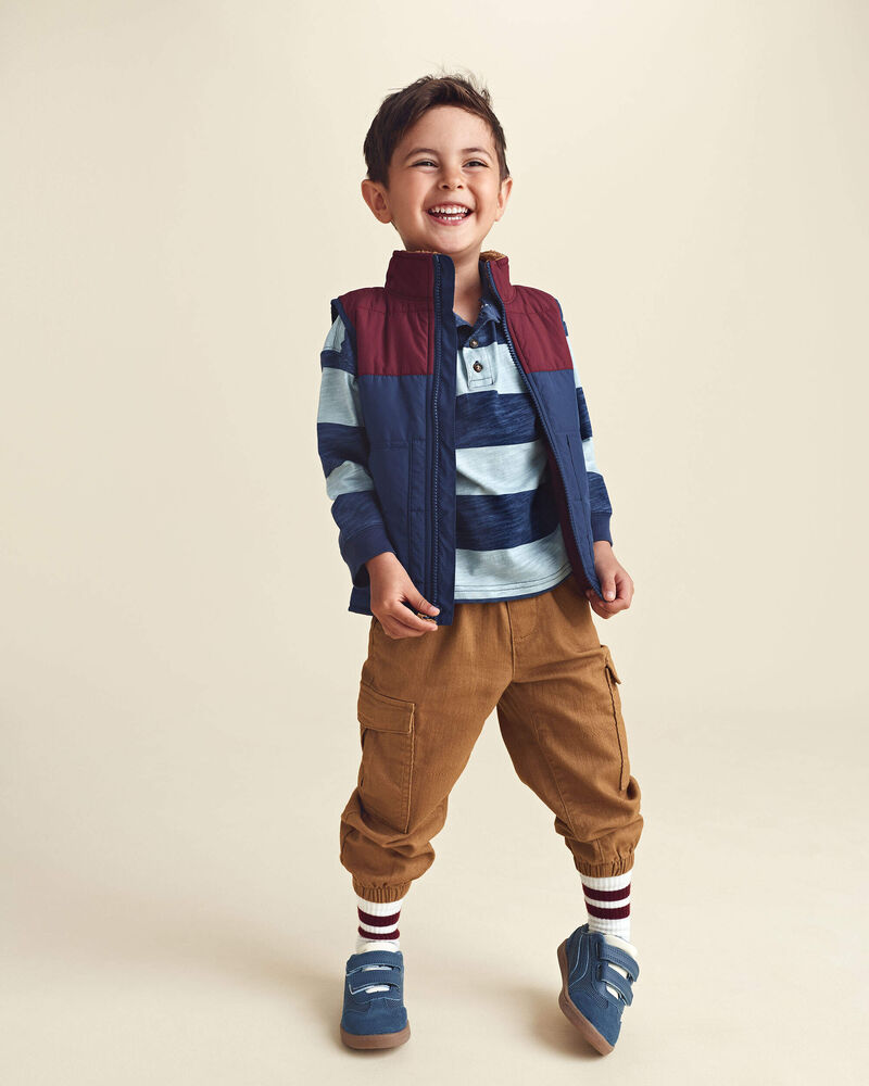 Toddler Boy Color Block Teddy Fleece Vest - Navy Blue/Burgundy, image 2 of 6 slides