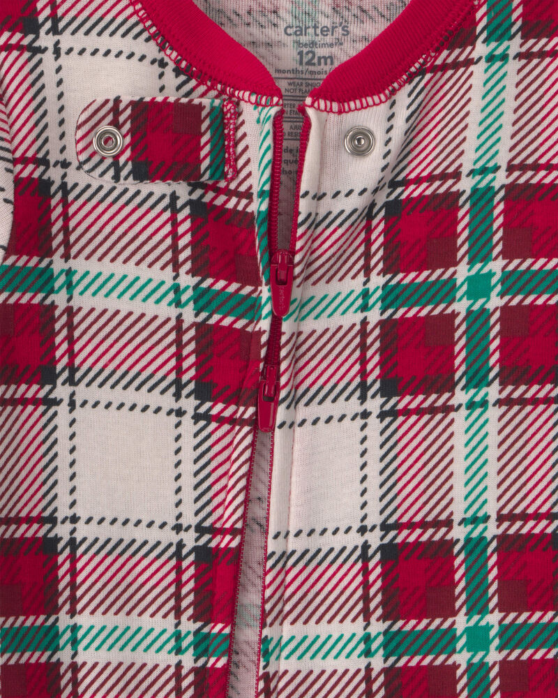 Baby 1-Piece Christmas Plaid 2-Way Zip 100% Cotton Snug Fit Footed Pyjama - Red/Green, image 3 of 5 slides