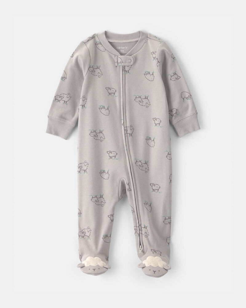 Baby Sheep 100% Cotton 2-Way Zip Sleeper - Grey, image 1 of 5 slides