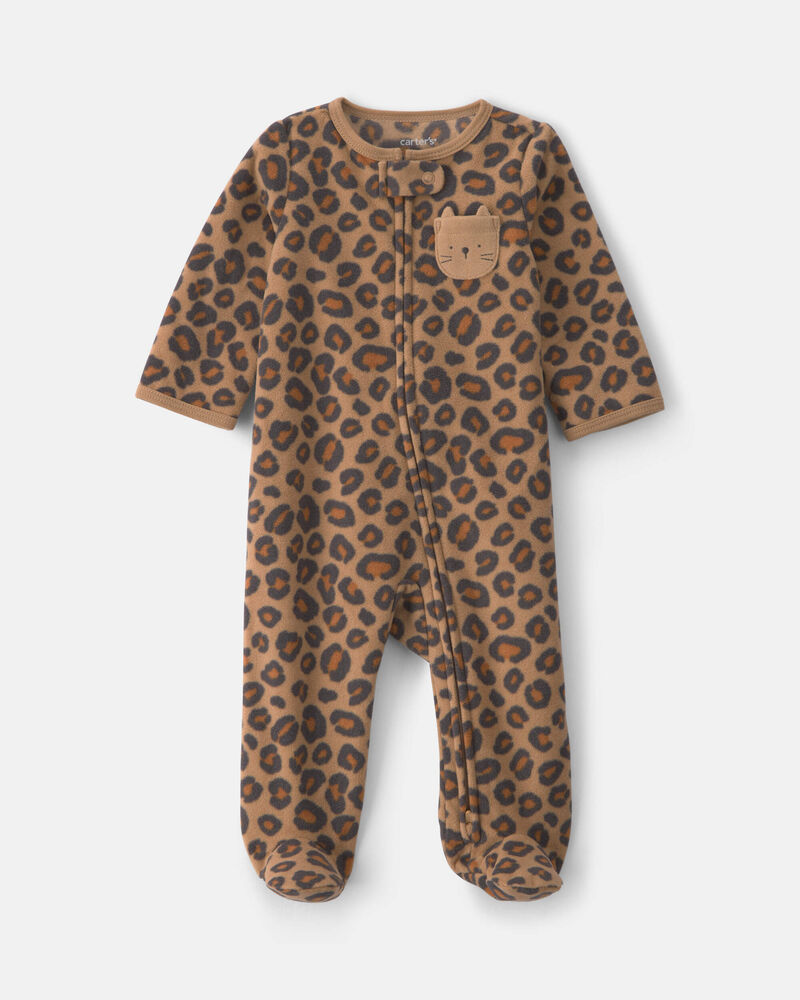 Baby Girl Leopard Fleece 2-Way Zip Sleeper - Brown, image 1 of 5 slides
