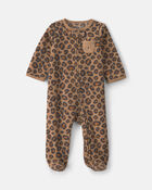 Baby Girl Leopard Fleece 2-Way Zip Sleeper - Brown, image 1 of 5 slides