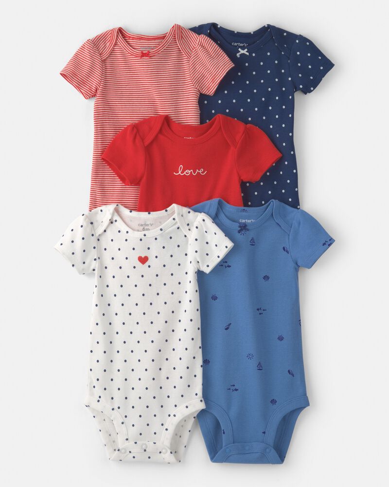 Baby Girl 5-Pack Beach Multipack Bodysuits - Red/White/Blue, image 1 of 7 slides