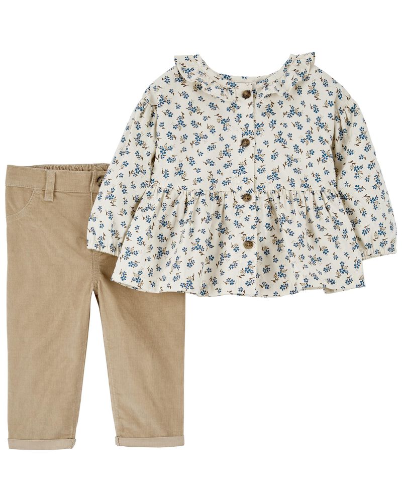 Beige 2-Piece Floral Babydoll Shirt & Pant Set