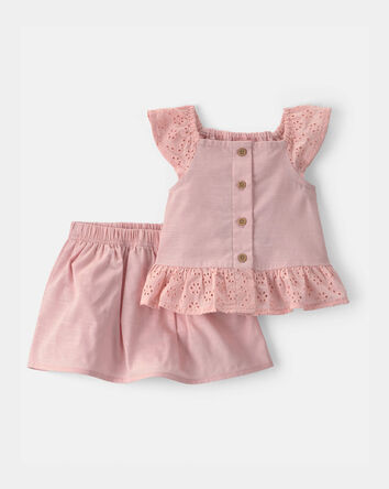 B&eacute;b&eacute; fille - Ensemble 2 pi&egrave;ces haut &agrave; motif ajour&eacute; et jupe-short - Rose, 