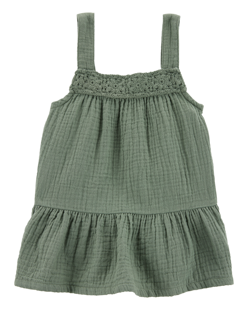 Toddler Gauze Crotchet Knit Tank-Olive, image 2 of 4 slides