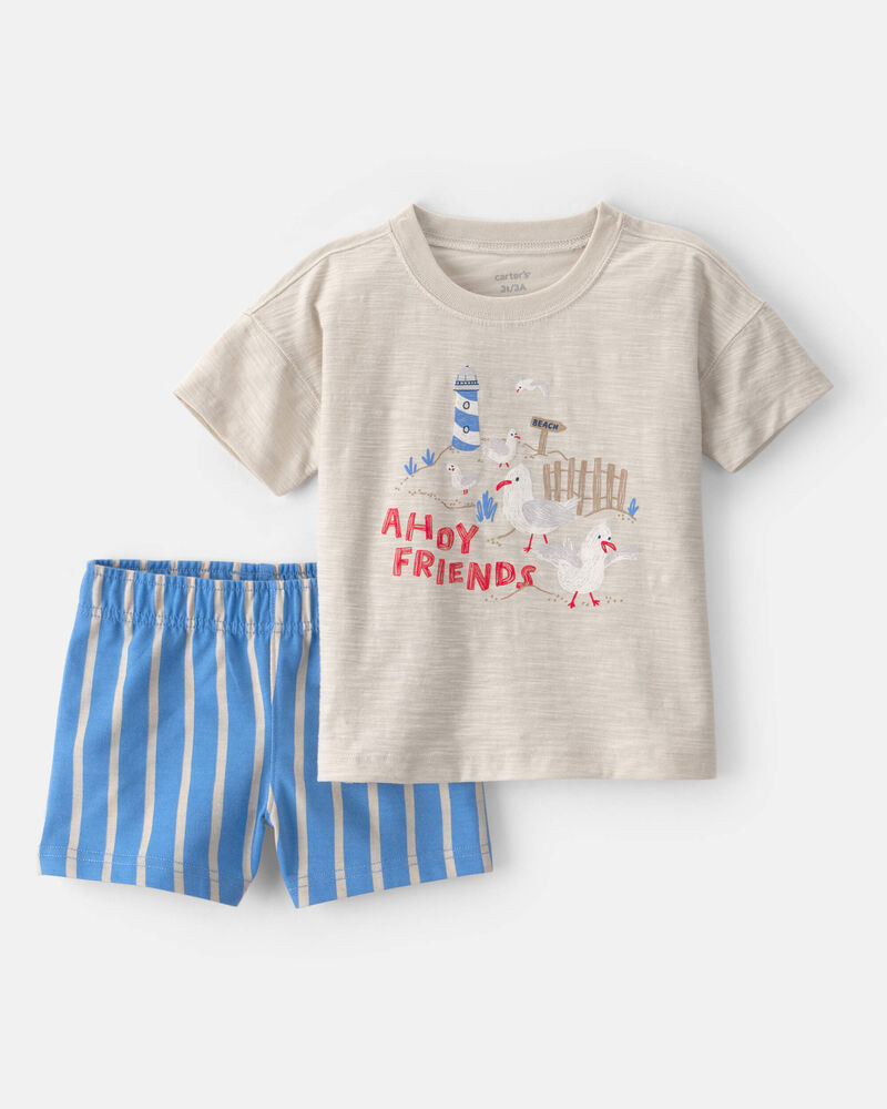 Toddler Boy 2-Piece Seagull Top & Short Set - Brown/Blue, image 1 of 4 slides