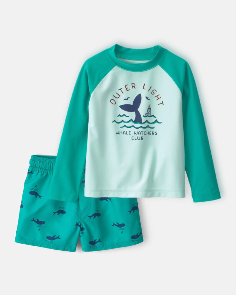 Ensemble 2 pi&egrave;ces haut dermoprotecteur &agrave; manches longues et short maillot de bain &agrave; motif de baleines pour tout-petit - Vert, image 1 sur 7 diapositives