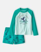 Ensemble 2 pi&egrave;ces haut dermoprotecteur &agrave; manches longues et short maillot de bain &agrave; motif de baleines pour tout-petit - Vert, image 1 sur 7 diapositives