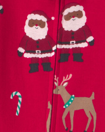 Baby 1-Piece Brown Santa Christmas 2-Way Zip 100% Cotton Snug Fit Footed Pyjama - Red, 